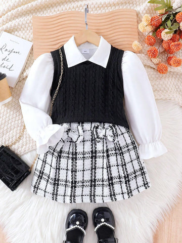 3pcs Girls' Fashionable Long Sleeve Shirt, Sleeveless Vest, Houndstooth Skirt Set For Spring And Autumn 3pcs Girls' Fashionable Long Sleeve Shirt, Sleeveless Vest, Houndstooth Skirt Set For Spring And Autumn