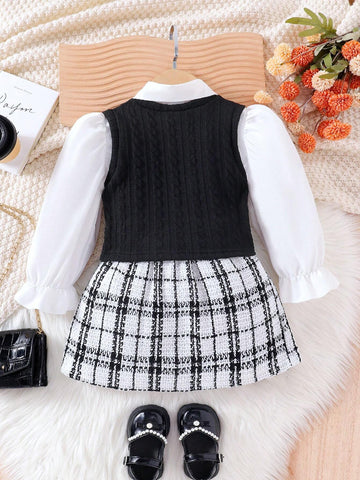 3pcs Girls' Fashionable Long Sleeve Shirt, Sleeveless Vest, Houndstooth Skirt Set For Spring And Autumn 3pcs Girls' Fashionable Long Sleeve Shirt, Sleeveless Vest, Houndstooth Skirt Set For Spring And Autumn