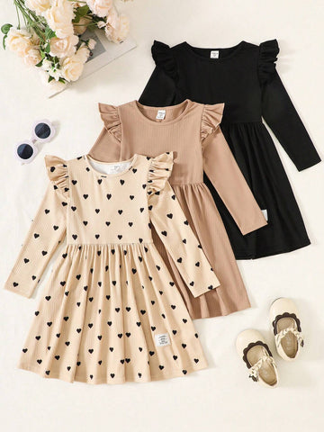 3pcs Girls Knitted Solid Color Cap Sleeve Fit And Flare Casual Dress Set,Buy One Get Two Free,Suitable Casual Everyday Wear 3pcs Girls Knitted Solid Color Cap Sleeve Fit And Flare Casual Dress Set,Buy One Get Two Free,Suitable Casual Everyday Wear