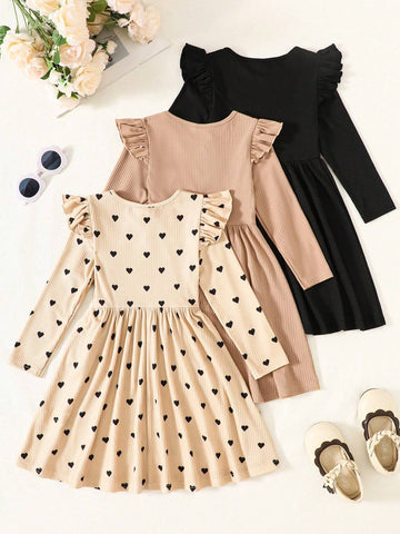 3pcs Girls Knitted Solid Color Cap Sleeve Fit And Flare Casual Dress Set,Buy One Get Two Free,Suitable Casual Everyday Wear 3pcs Girls Knitted Solid Color Cap Sleeve Fit And Flare Casual Dress Set,Buy One Get Two Free,Suitable Casual Everyday Wear