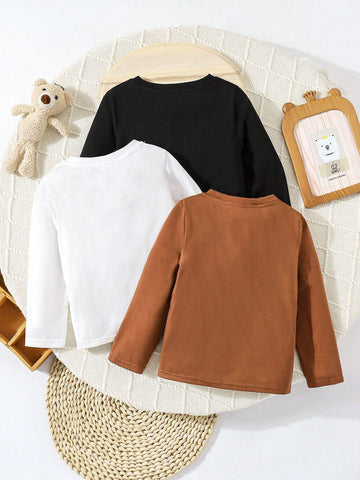 3pcs Set Young Girls Solid Color Knit Round Neck Casual T-Shirt With 3D Bear Pattern 3pcs Set Young Girls Solid Color Knit Round Neck Casual T-Shirt With 3D Bear Pattern