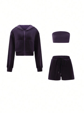 3pcs Women Velvet Sleeveless Crop Top, Drawstring Waist Shorts And Zip-Up Hooded Jacket Set For Autumn/Winter 3pcs Women Velvet Sleeveless Crop Top, Drawstring Waist Shorts And Zip-Up Hooded Jacket Set For Autumn/Winter