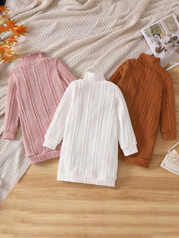 3pcs Young Girl Comfy Casual Solid Color Wheat Texture Knitted Stand Collar Long Sleeve Dress 3pcs Young Girl Comfy Casual Solid Color Wheat Texture Knitted Stand Collar Long Sleeve Dress