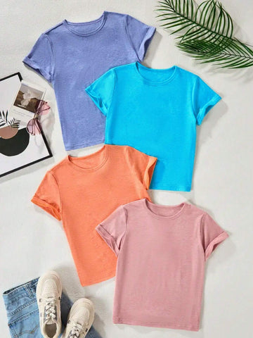 4pcs Girls' Solid Color Round Neck Short Sleeve Casual T-Shirts, Summer 4pcs Girls' Solid Color Round Neck Short Sleeve Casual T-Shirts, Summer