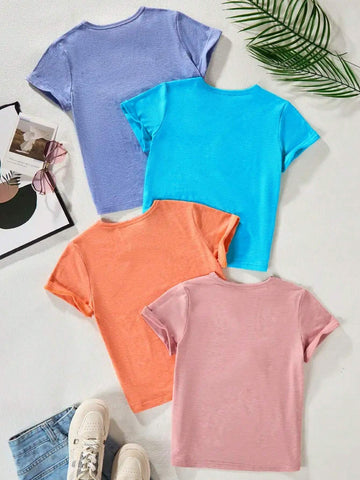 4pcs Girls' Solid Color Round Neck Short Sleeve Casual T-Shirts, Summer 4pcs Girls' Solid Color Round Neck Short Sleeve Casual T-Shirts, Summer