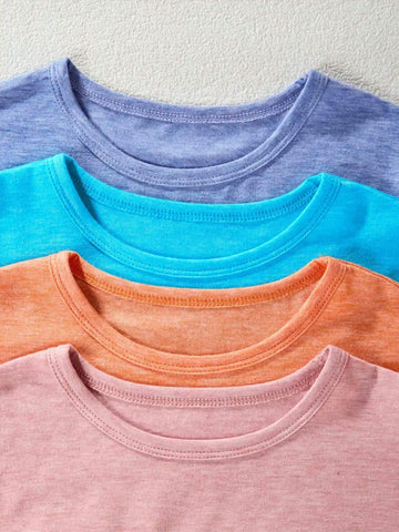 4pcs Girls' Solid Color Round Neck Short Sleeve Casual T-Shirts, Summer 4pcs Girls' Solid Color Round Neck Short Sleeve Casual T-Shirts, Summer