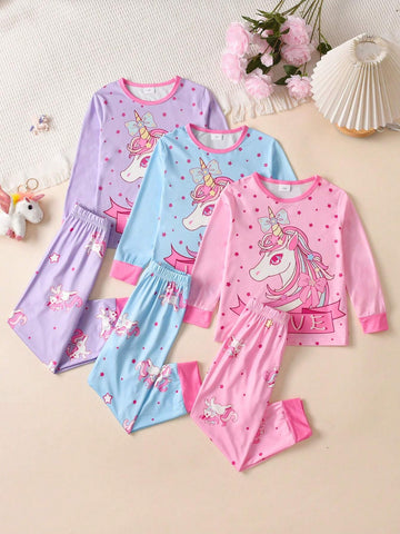 6pcs Girls Cartoon Rainbow Unicorn Print Sleepwear Set, Including 2pcs Long Sleeve Top And Long Pants 6pcs Girls Cartoon Rainbow Unicorn Print Sleepwear Set, Including 2pcs Long Sleeve Top And Long Pants