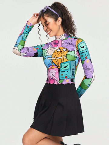 Cartoon Printed Long Sleeve Mock Neck T-Shirt Cartoon Printed Long Sleeve Mock Neck T-Shirt