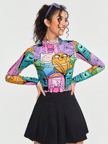 Cartoon Printed Long Sleeve Mock Neck T-Shirt Cartoon Printed Long Sleeve Mock Neck T-Shirt