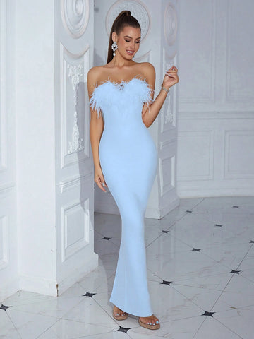 ADYCE Artificial Feather Embellished Strapless Backless Mermaid Bandage Bodycon Prom Party Dress ADYCE Artificial Feather Embellished Strapless Backless Mermaid Bandage Bodycon Prom Party Dress