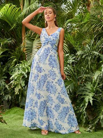 ADYCE Floral Print Chiffon V-Neck Bridesmaid Dress With High Waist And Twist Detail On The Bust ADYCE Floral Print Chiffon V-Neck Bridesmaid Dress With High Waist And Twist Detail On The Bust
