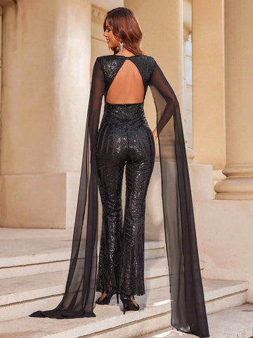 ADYCE Glitter V-Neck Double-Shoulder Long Ribbon Evening Party Jumpsuit ADYCE Glitter V-Neck Double-Shoulder Long Ribbon Evening Party Jumpsuit