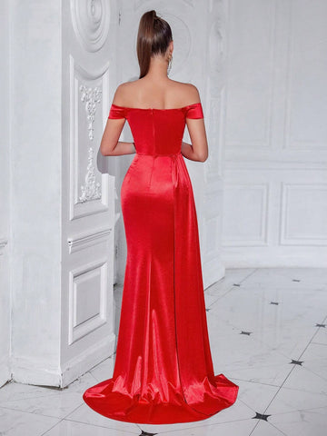 ADYCE Off-Shoulder Waist-Belted Long Dress With Draped Sash And Front Slit, For Parties And Dancing Events ADYCE Off-Shoulder Waist-Belted Long Dress With Draped Sash And Front Slit, For Parties And Dancing Events