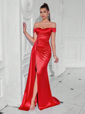 ADYCE Off-Shoulder Waist-Belted Long Dress With Draped Sash And Front Slit, For Parties And Dancing Events ADYCE Off-Shoulder Waist-Belted Long Dress With Draped Sash And Front Slit, For Parties And Dancing Events