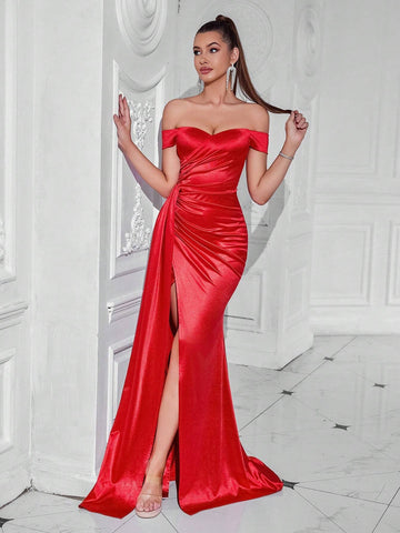 ADYCE Off-Shoulder Waist-Belted Long Dress With Draped Sash And Front Slit, For Parties And Dancing Events ADYCE Off-Shoulder Waist-Belted Long Dress With Draped Sash And Front Slit, For Parties And Dancing Events