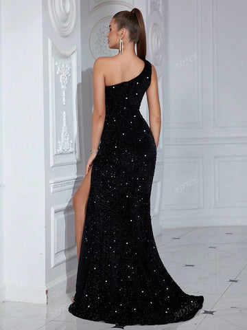 ADYCE Sequin One Shoulder Backless High Slit Ball Gown Party Dress ADYCE Sequin One Shoulder Backless High Slit Ball Gown Party Dress