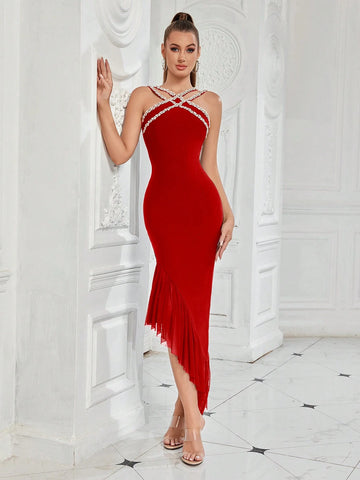 ADYCE Ladies' Rhinestone Strappy Irregular Hem Ruffle Trim Bodycon Party Dress With Shoulder Straps ADYCE Ladies' Rhinestone Strappy Irregular Hem Ruffle Trim Bodycon Party Dress With Shoulder Straps