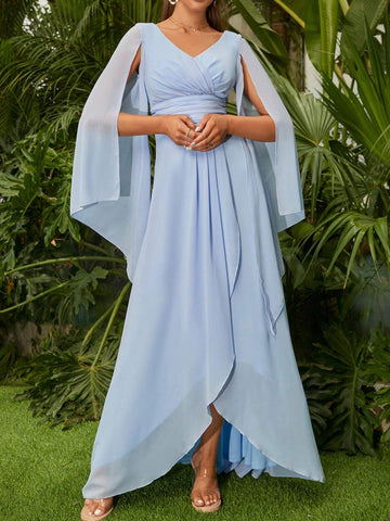ADYCE Solid Color Chiffon V-Neck High Waist Front Split Bridesmaid Dress For Prom Party ADYCE Solid Color Chiffon V-Neck High Waist Front Split Bridesmaid Dress For Prom Party