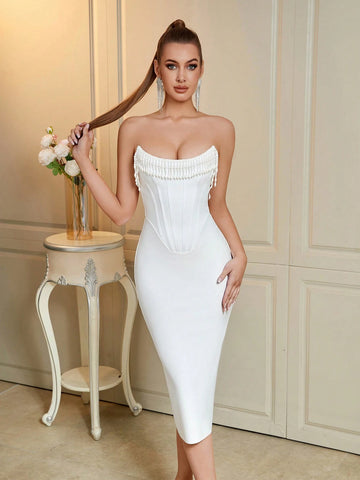 ADYCE Strapless Beaded Fishbone Decor Backless Bandage Dress For Prom And Party ADYCE Strapless Beaded Fishbone Decor Backless Bandage Dress For Prom And Party
