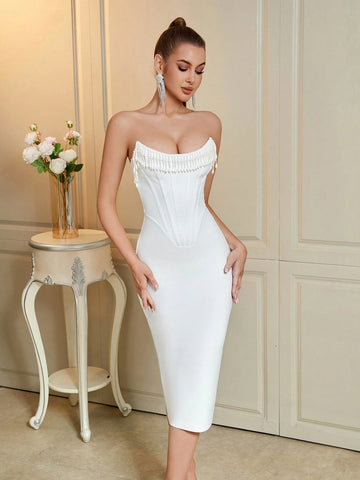 ADYCE Strapless Beaded Fishbone Decor Backless Bandage Dress For Prom And Party ADYCE Strapless Beaded Fishbone Decor Backless Bandage Dress For Prom And Party