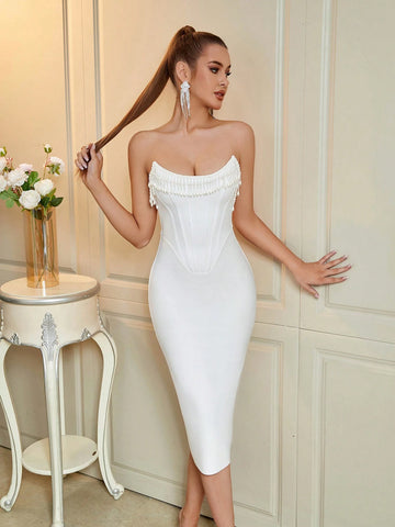 ADYCE Strapless Beaded Fishbone Decor Backless Bandage Dress For Prom And Party ADYCE Strapless Beaded Fishbone Decor Backless Bandage Dress For Prom And Party