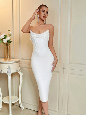 ADYCE Strapless Beaded Fishbone Decor Backless Bandage Dress For Prom And Party ADYCE Strapless Beaded Fishbone Decor Backless Bandage Dress For Prom And Party