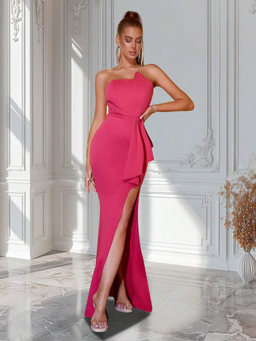 ADYCE Strapless Ruched High Slit Zipper Bodycon Dress For Dance Party ADYCE Strapless Ruched High Slit Zipper Bodycon Dress For Dance Party