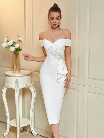 ADYCE Women Off Shoulder Waist Beaded Floral Decor Party Dress For Dancing ADYCE Women Off Shoulder Waist Beaded Floral Decor Party Dress For Dancing