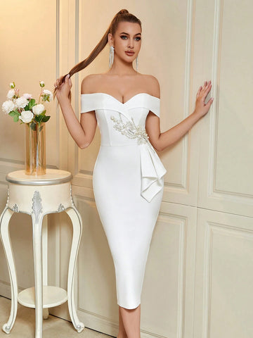 ADYCE Women Off Shoulder Waist Beaded Floral Decor Party Dress For Dancing ADYCE Women Off Shoulder Waist Beaded Floral Decor Party Dress For Dancing