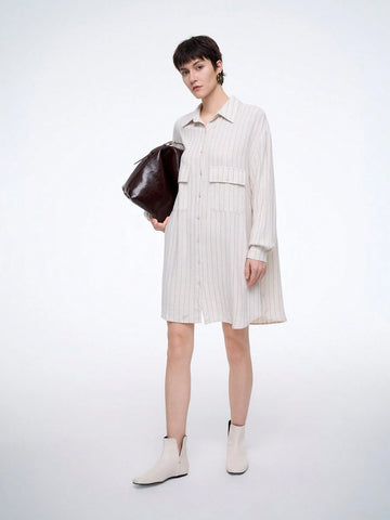 Aalyst Women's Spring, Autumn & Summer French Style Commuter Casual Vacation Lapel Utility Pocket Drop Shoulder Loose Linen Striped Shirt Dress Aalyst Women's Spring, Autumn & Summer French Style Commuter Casual Vacation Lapel Utility Pocket Drop Shoulder Loose Linen Striped Shirt Dress