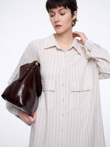 Aalyst Women's Spring, Autumn & Summer French Style Commuter Casual Vacation Lapel Utility Pocket Drop Shoulder Loose Linen Striped Shirt Dress Aalyst Women's Spring, Autumn & Summer French Style Commuter Casual Vacation Lapel Utility Pocket Drop Shoulder Loose Linen Striped Shirt Dress