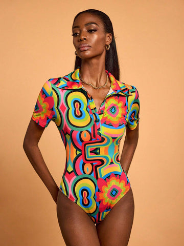Abeille Creations Women Multi-Color Abstract Printed Collared Short Sleeve Bodysuit Spring Vacation Abeille Creations Women Multi-Color Abstract Printed Collared Short Sleeve Bodysuit Spring Vacation