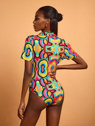 Abeille Creations Women Multi-Color Abstract Printed Collared Short Sleeve Bodysuit Spring Vacation Abeille Creations Women Multi-Color Abstract Printed Collared Short Sleeve Bodysuit Spring Vacation