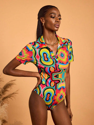 Abeille Creations Women Multi-Color Abstract Printed Collared Short Sleeve Bodysuit Spring Vacation Abeille Creations Women Multi-Color Abstract Printed Collared Short Sleeve Bodysuit Spring Vacation