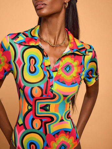 Abeille Creations Women Multi-Color Abstract Printed Collared Short Sleeve Bodysuit Spring Vacation Abeille Creations Women Multi-Color Abstract Printed Collared Short Sleeve Bodysuit Spring Vacation