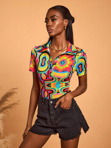 Abeille Creations Women Multi-Color Abstract Printed Collared Short Sleeve Bodysuit Spring Vacation Abeille Creations Women Multi-Color Abstract Printed Collared Short Sleeve Bodysuit Spring Vacation