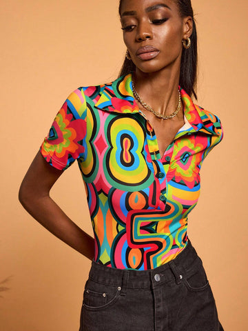 Abeille Creations Women Multi-Color Abstract Printed Collared Short Sleeve Bodysuit Spring Vacation Abeille Creations Women Multi-Color Abstract Printed Collared Short Sleeve Bodysuit Spring Vacation