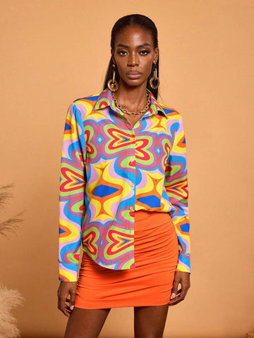 Women's Casual Vacation Multicolor Geometric Print Long Sleeve Blouse Shirt Women's Casual Vacation Multicolor Geometric Print Long Sleeve Blouse Shirt