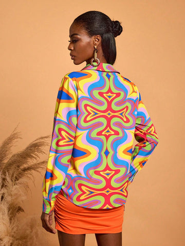 Women's Casual Vacation Multicolor Geometric Print Long Sleeve Blouse Shirt Women's Casual Vacation Multicolor Geometric Print Long Sleeve Blouse Shirt