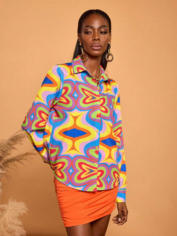 Women's Casual Vacation Multicolor Geometric Print Long Sleeve Blouse Shirt Women's Casual Vacation Multicolor Geometric Print Long Sleeve Blouse Shirt