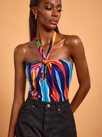 Abeille Creations Women's Multicolor Abstract Art Print Halter Neck Lace-Up Vacation Bodysuit Abeille Creations Women's Multicolor Abstract Art Print Halter Neck Lace-Up Vacation Bodysuit