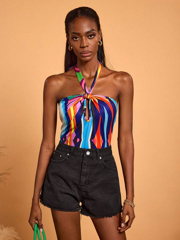 Abeille Creations Women's Multicolor Abstract Art Print Halter Neck Lace-Up Vacation Bodysuit Abeille Creations Women's Multicolor Abstract Art Print Halter Neck Lace-Up Vacation Bodysuit