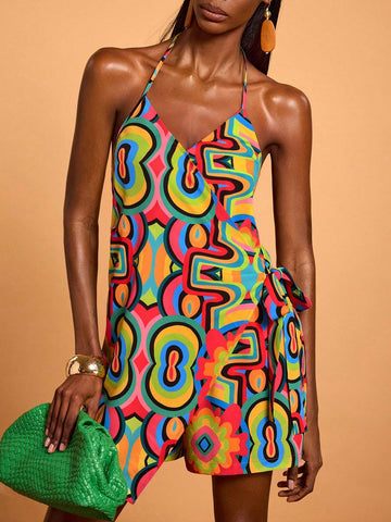 Abeille Creations Women's Multicolor Abstract Print Wrap Halter Neck Vacation Jumpsuit Abeille Creations Women's Multicolor Abstract Print Wrap Halter Neck Vacation Jumpsuit