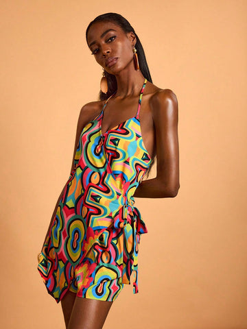 Abeille Creations Women's Multicolor Abstract Print Wrap Halter Neck Vacation Jumpsuit Abeille Creations Women's Multicolor Abstract Print Wrap Halter Neck Vacation Jumpsuit