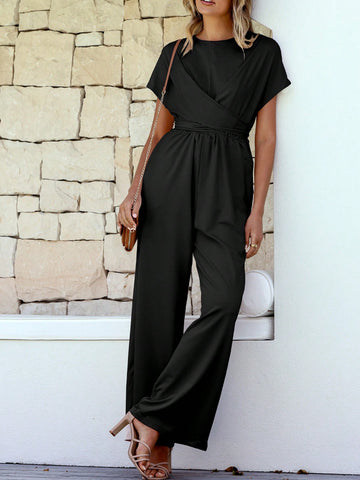 Acelitt Solid Color Round Neck Criss-Cross Front Elegant High Waist Straight Short Sleeve Jumpsuit Acelitt Solid Color Round Neck Criss-Cross Front Elegant High Waist Straight Short Sleeve Jumpsuit