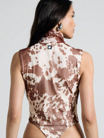 AiiRZ Cow Print Draped High Neck Sleeveless Bodysuit AiiRZ Cow Print Draped High Neck Sleeveless Bodysuit