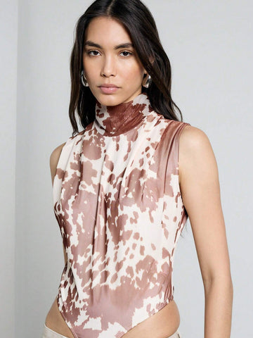 AiiRZ Cow Print Draped High Neck Sleeveless Bodysuit AiiRZ Cow Print Draped High Neck Sleeveless Bodysuit