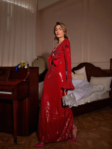 Ailana Flared Sleeves Cutout Sequin Maxi Dress Ailana Flared Sleeves Cutout Sequin Maxi Dress