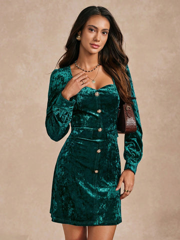 Almamuse 1pc Women Sweetheart Neck Long Sleeve Elegant Fitted Slim Velvet Dress Almamuse 1pc Women Sweetheart Neck Long Sleeve Elegant Fitted Slim Velvet Dress