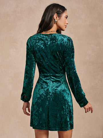 Almamuse 1pc Women Sweetheart Neck Long Sleeve Elegant Fitted Slim Velvet Dress Almamuse 1pc Women Sweetheart Neck Long Sleeve Elegant Fitted Slim Velvet Dress